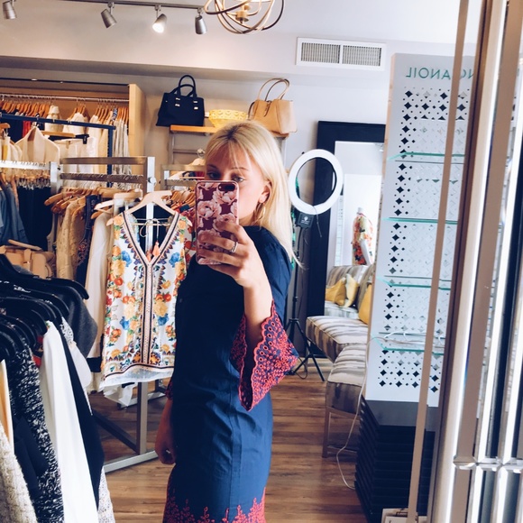 Navy Dress with Red Embroidered Sleeves - Picture 5 of 6